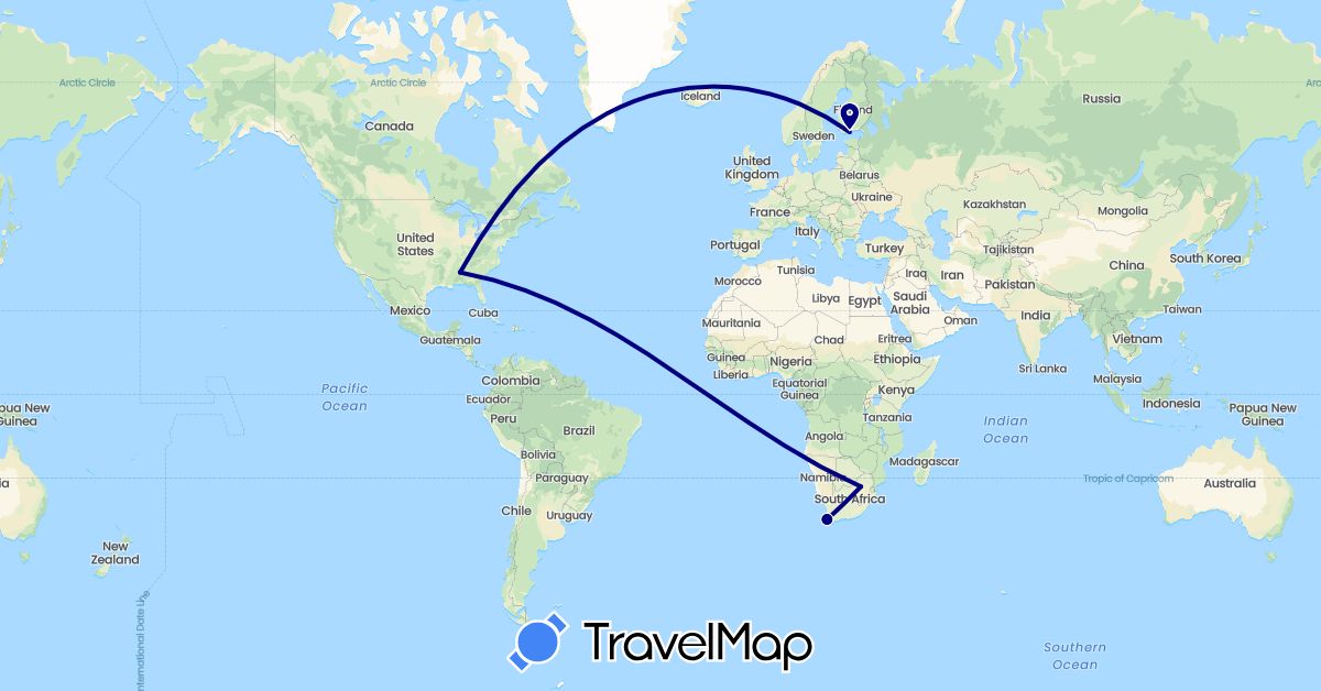 TravelMap itinerary: driving in Finland, United States, South Africa (Africa, Europe, North America)